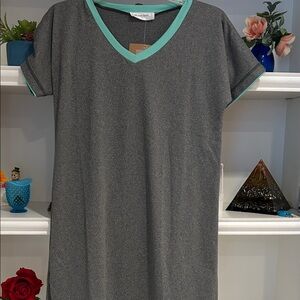 Gray V-Neck Night Gown with Teal Trim.